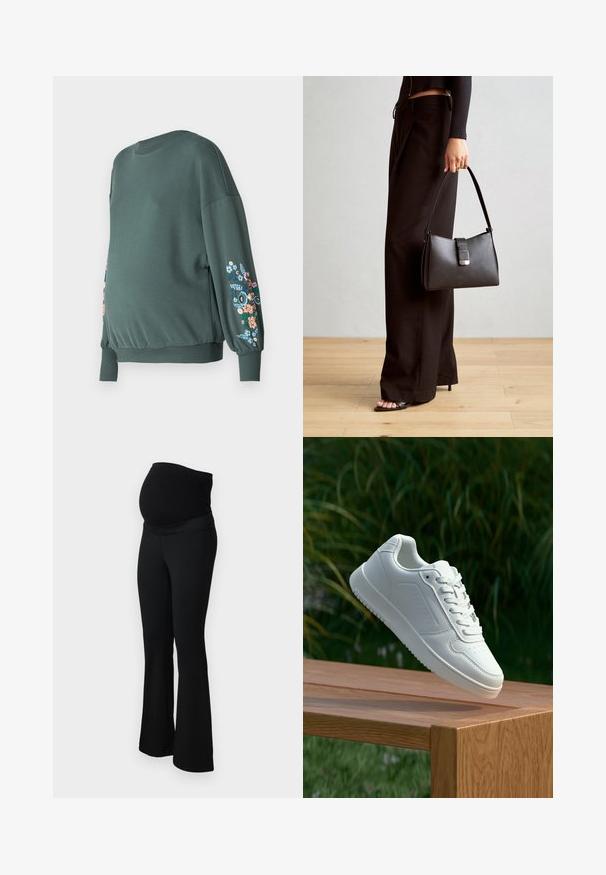 Zelená mikina s kulatým výstřihem a dlouhými rukávy. Na rukávech se nachází květinová výšivka v odstínech růžové, modré a žluté.; ONLY MATERNITY OLMPAIGE - Kalhoty - black; Bílé tenisky s hladkým syntetickým svrškem, perforovanou špičkou, plochými tkaničkami a texturovanou podrážkou, vystavené na dřevěném povrchu.; Černá kabelka se strukturovaným tvarem, hladkým povrchem a kovovým uzávěrem. Kombinována s širokými černými kalhotami a sandály s otevřenou špičkou na dřevěné podlaze.
