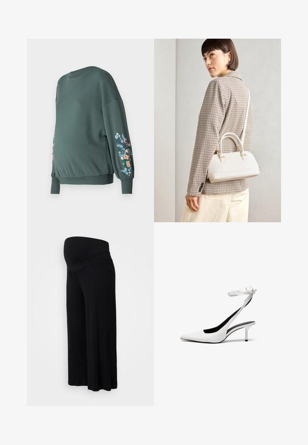 Green sweatshirt with a round neckline and long sleeves. Features floral embroidery in colors including pink, blue, and yellow on sleeves.; Black ribbed maternity pants with a wide, stretchy waistband. Loose fit and full-length design, offering comfort and ease of movement.; White pointed-toe slingback heels with a thin ankle strap. Smooth leather material, thin stiletto heel, and a black interior lining.; White structured handbag with short handles and a shoulder strap, featuring gold hardware accents and textured material, displayed against a grey background.