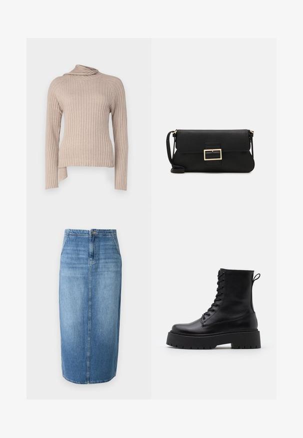 Bež ženski top dugih rukava s naboranim rolnastim izrezom i bočnim prorezom. Izrađen je od mekog pletiva s teksturiranim vertikalnim linijama.; Denim suknja olovka u svijetloplavoj boji s ravnim krojem, prednjim kopčanjem na gumbe i suptilnim izblijedjenjem. Dno suknje je malo iznad koljena.; Crne kožne gležnjače s okruglim vrhom, vezanjem sprijeda i debelim gumenim potplatom s teksturiranim uzorkom. Tipa: traka za vuču na stražnjoj strani.; Crna kožna clutch torbica s preklopom i zlatnim metalnim detaljem kopče. Uključuje crnu trakicu i elegantan, minimalistički dizajn.