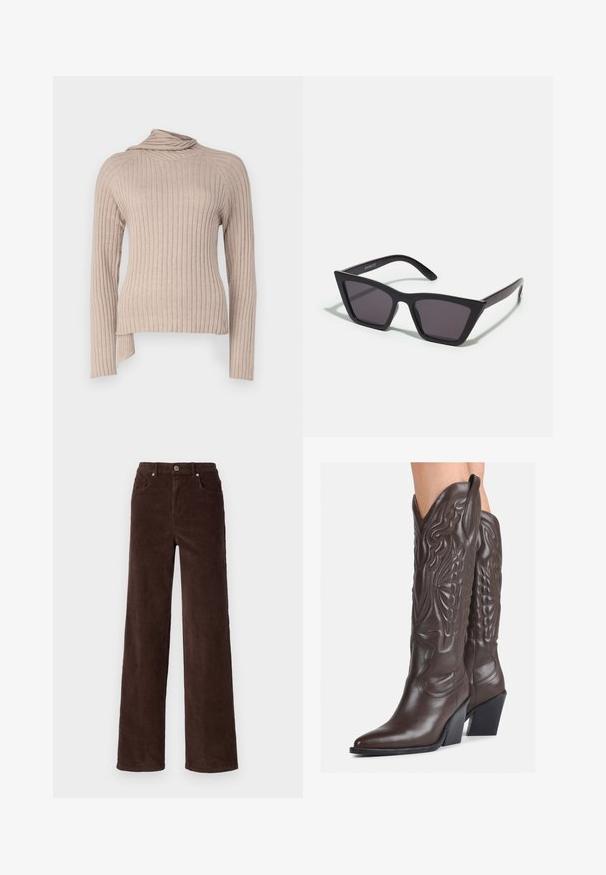 Haut beige à manches longues côtelé avec un col roulé drapé et une fente sur le côté. Confectionné en tissu tricot doux, présentant des lignes verticales texturées.; Vero Moda VMTESSA WIDE PANTS - Pantalon classique - chocolate torte; Bottes de cowboy en cuir marron avec un bout pointu et un talon bloc, présentant des coutures détaillées et des accents en relief sur la tige.; Lunettes noires angulaires avec des verres gris ; fabriquées en plastique, avec des branches épaisses à la surface lisse et sans matériel visible.