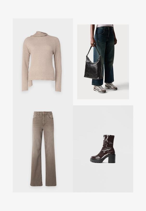Béžový žebrovaný top s dlouhým rukávem a volným rolákem na krku, s bočním rozparkem. Vyrobeno z měkké pleteniny, která ukazuje texturované vertikální pruhy.; Hnědé džínsy s vysokým pasem, rovné nohy, předním knoflíkem, poutky na opasek a klasickým designem pěti kapes na bílém pozadí.; Lesklá bordó kotníková bota s masivním černým podpatkem, se hladkým povrchem a jednoduchým designem. Žádné viditelné zapínání ani vzory.; Černá kožená kabelka přes rameno se hladkým povrchem a nastavitelným popruhem, spárovaná s vybledlými džínami širokého střihu a sportovními teniskami.