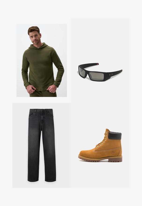 Olijfgroene hoodie van zachte stof, met een capuchon, lange mouwen en geribde manchetten. Gladde textuur en minimalistisch ontwerp.; Donkergrijze denim jeans met een rechte pijpdesign, voorzien van een ritssluiting, vijf zakken en subtiele vervagingdetails op de stof.; Tan suède enkelboot met zwart gevoerd kraagje, gouden metalen oogjes, witte stikdetails en een robuuste rubberen zool met uitgesproken profiel.; Zwarte zonnebril met een matte afwerking, rechthoekige glazen, een lichte kromming op de slapen, subtiele logodetails en rookgetinte glazen.