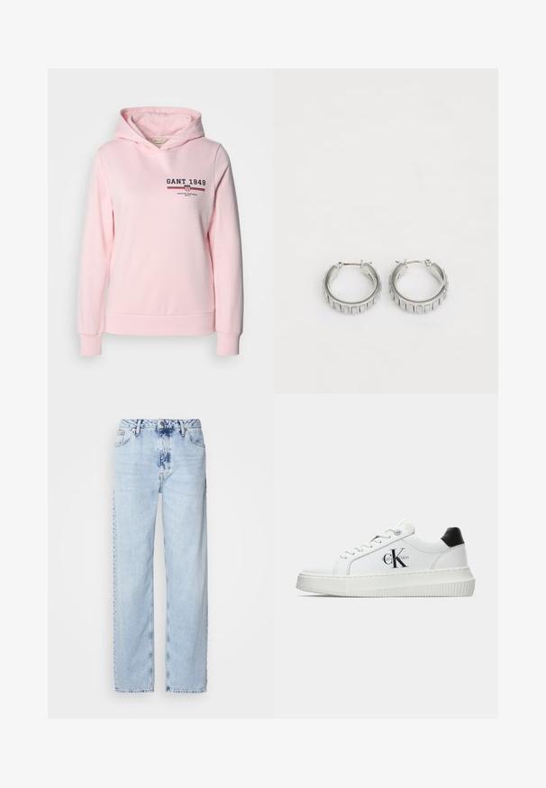 Růžová mikina vyrobená z bavlněné směsi, s předním logem a horizontálními pruhy. Má kapuci se stahovací šňůrkou a žebrované manžety a spodní lem.; Světle modré široké džíny z denimu, s vysokým pasem, výrazně vybledlým odstínem a decentním vzorem tie-dye na přední straně.; Bílé nízké tenisky s černým patním tabem, platformovou podrážkou, tkaničkami a logem Calvin Klein "CK" na boku.; Stříbrné kruhové náušnice s texturovaným designem a vertikálními drážkami. Kulatý tvar s pevným uzávěrem. Hladký povrch.