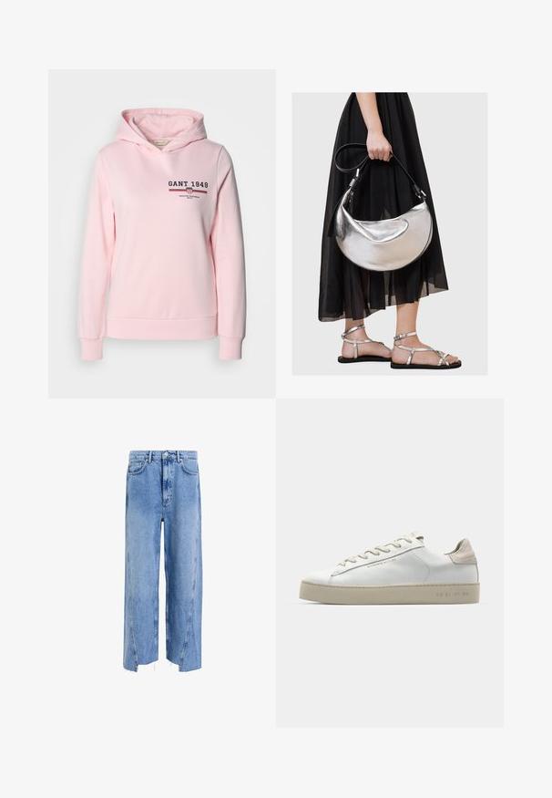 Rosa hettegenser laget av bomullsmiks, med logo foran og horisontale striper. Den har justerbar hette og ribbestrikkede mansjetter og nederkant.; Lyseblå denimjeans med løs passform, høy midje, vide ben, rå kanter og synlige sømdetaljer.; Hvit lær sneakers med en glatt finish, aksenter i beige semsket skinn, rund tå, flat snøring og en teksturert gummisåle.; Metallisk sølv lærveske med en buet, halvmåneform og svart stropp. Båret med et svart, gjennomsiktig, flytende skjørt og sølvsandaler.