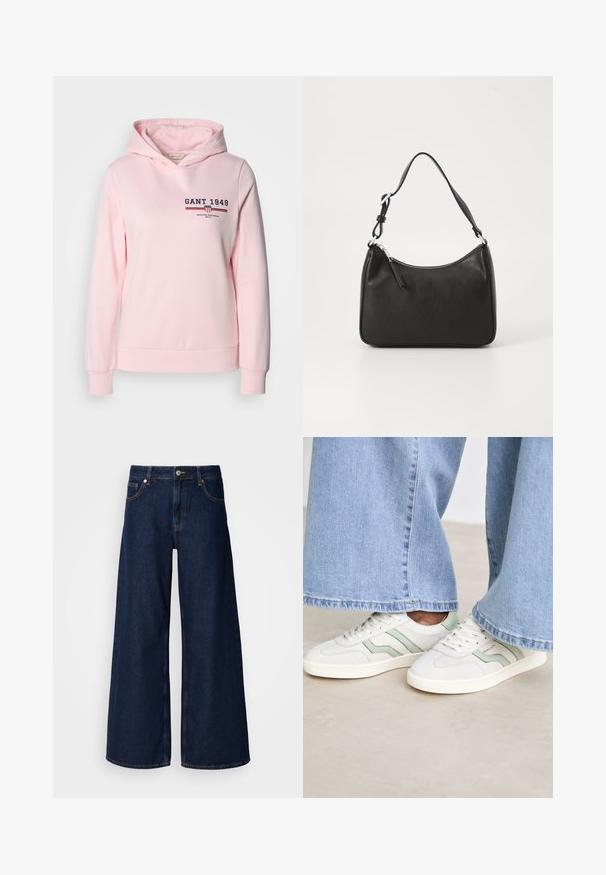Felpa rosa realizzata in misto cotone, con logo frontale e righe orizzontali. Presenta un cappuccio con coulisse e polsini e orlo a costine.; Jeans in denim blu scuro a gamba larga con vita alta, tasche anteriori e chiusura con bottone. Presenta cuciture a contrasto e una texture liscia.; Sneaker bianche con dettagli verde chiaro, pelle testurizzata e suole in gomma piane. Abbinate a pantaloni in denim a gamba larga.; Borsa a tracolla in pelle nera con forma curva, una tracolla singola, chiusura con zip e marchio discreto sul fronte. Texture liscia, design minimalista.