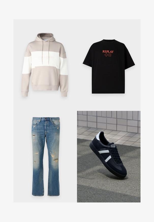 Felpa con cappuccio beige con strisce orizzontali bianche. Presenta una tasca frontale e un cordoncino, realizzata in un morbido tessuto misto cotone.; T-shirt in cotone nero con maniche corte, collo rotondo, caratterizzato da un logo rosso "REPLAY" e simboli allineati centralmente sul petto.; Jeans in denim azzurro chiaro con vestibilità rilassata, caratterizzati da dettagli strappati e toppe sfilacciate, con design classico a cinque tasche e chiusura con bottone.; Sneaker neri in pelle con strisce bianche, suola in gomma texturizzata e allacciatura frontale. Presenta un'etichetta con il marchio sulla linguetta.