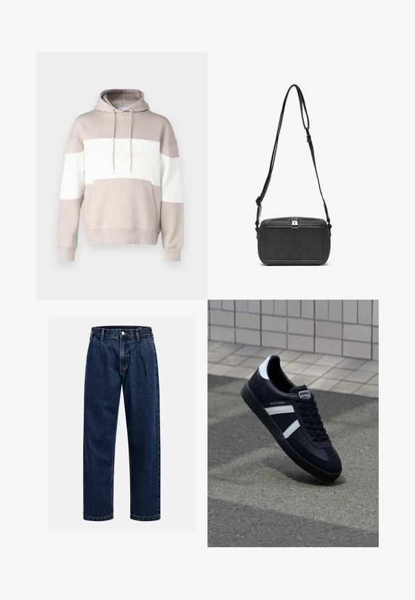 Beige Kapuzenpullover mit weißen horizontalen Streifen. Verfügt über eine Fronttasche und eine Kordel, hergestellt aus einem weichen Baumwollmischgewebe.; Dunkelblaue Denim-Jeans mit geradem Bein. Mit sichtbaren Nähten, einem Knopfverschluß und Frontfalten für zusätzliche Details.; Schwarze Leder-Sneaker mit weißen Streifen, strukturiertem Gummisohle und Schnürung. Verfügt über ein Markenetikett auf der Zunge.; Schwarze Leder-Crossbody-Tasche mit einem Reißverschluss, geprägtem Logo auf der Vorderseite und verstellbarem Riemen. Glatte Textur mit rechteckiger Form.