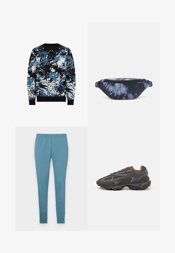 Strickpullover mit einem schwarz-blau-weißen Camouflage-Muster, geripptem Halsausschnitt und Bündchen sowie einem kleinen Logo-Patch auf der Brust.; Helle blaue Sweatpants aus weichem Material, mit einer schmal zulaufenden Passform, elastischem Bund und umgeschlagenen Säumen. Kleines Logo an der Seite.; Lacoste Sneaker in Dunkelgrau aus Mesh und Synthetikmaterial, mit einer strukturierten Sohle und braunen Akzenten am Kragen und Logo.; Bauchtasche im dunkelblauen Batikdruck mit einem Reißverschluss oben, strukturiertem Material und einem auffälligen Logodetail auf der Vorderseite.