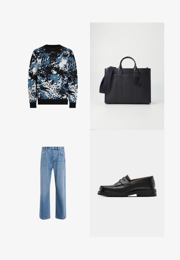 Strickpullover mit einem schwarz-blau-weißen Camouflage-Muster, geripptem Halsausschnitt und Bündchen sowie einem kleinen Logo-Patch auf der Brust.; Helle blaue Jeans im Geradeschnitt-Design, mit fünf Taschen, Knopfverschluss, minimaler Ausbleichung und kontrastierenden Nähdetails.; Schwarze Lederloafer verfügen über eine erhöhte Naht, zwei dekorative Riemen im oberen Bereich und eine dicke, strukturierte Sohle für zusätzlichen Halt.; Dunkelblaues Lederaktentasche mit doppelten oberen Griffen und einem abnehmbaren Gurt. Merkmale sind die strukturierte Oberfläche, vertikale Nähte und das Logo-Detail.