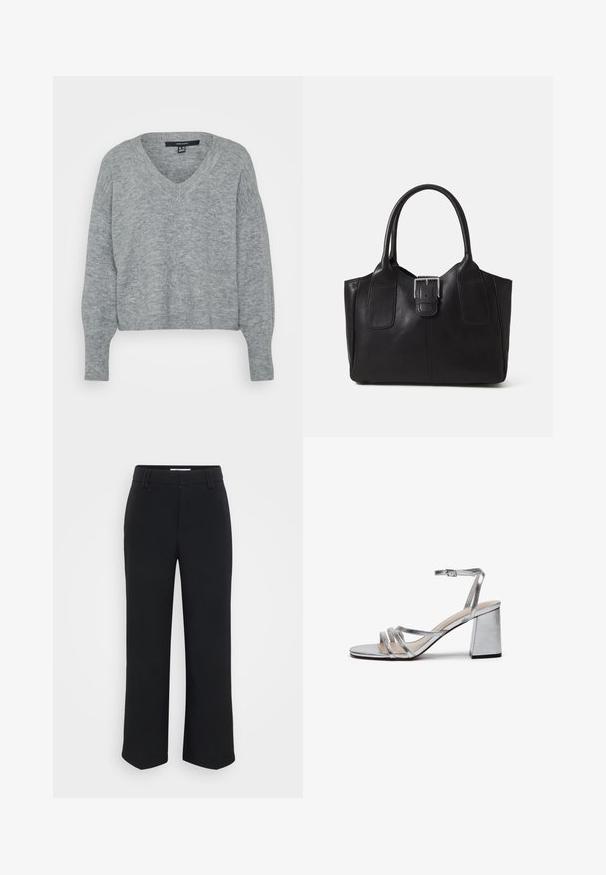 Svetl tlačený sveter s výstrihom do V, vo voľnom strihu a s dlhými rukávmi. Má rebrovaný lem a manžety, vyrobený z jemného textúrovaného materiálu.; Čierne široké nohavice s hladkou textúrou, s plochým pásom a bočnými vreckami, navrhnuté v minimalistickom štýle.; Strieborné metalické sandále na vysokom podpätku s blokovým podpätkom, tenkým remienkom okolo členka a niekoľkými širokými remienkami cez prednú časť nohy. Hladká textura.; Čierna kožená taška s hladkou textúrou, štruktúrovaným tvarom, dvoma uchami a výrazným strieborným prackovým detailom na prednej strane.
