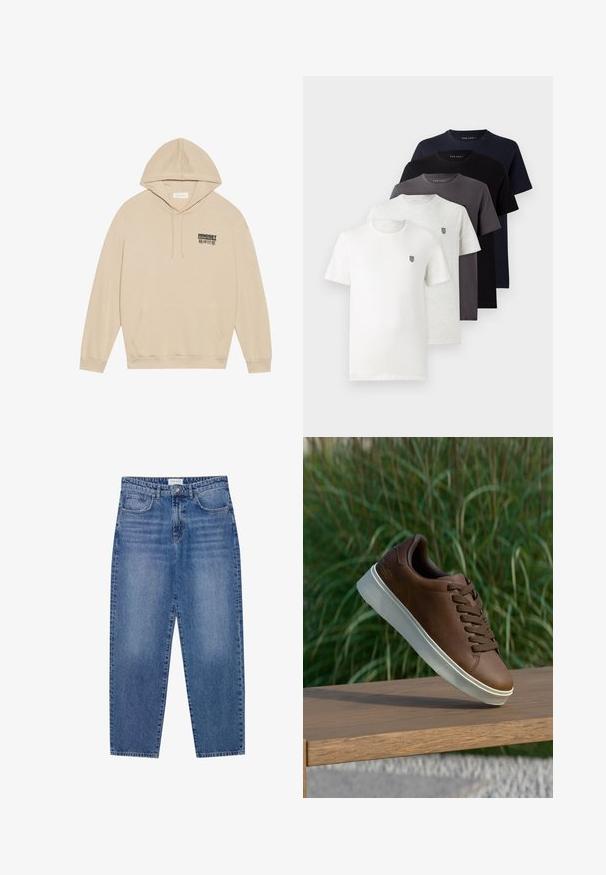 Pier One Športni pulover - tan; Pet kratke majice iz bombaža v beli, svetlo sivi, temno sivi, mornarsko modri in črni barvi, z majhnim logotipom na prsih.; Modre kavbojke z visokim pasom, ravnimi nogami in bledejšim videzom. Imajo pet žepov in gumbasto zapiranje.; Rjave usnjene tene s belim gumijastim podplatom, zaobljenim nosom in rjavimi vezalkami. Teksturni oprijem na podplatu in gladka površina na zgornjem delu.