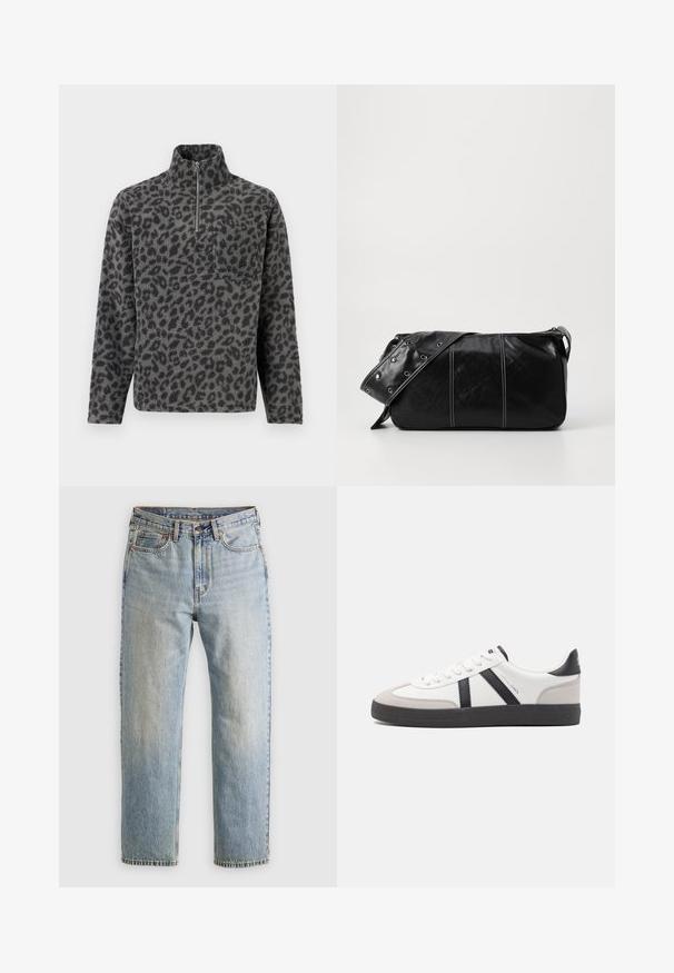 Grau gefütterter Pullover mit schwarzem Leopardenmuster, verfügt über einen Reißverschlusskragen und eine linke Brusttasche. Weicher Stoff, lange Ärmel, lockere Passform.; Helle blaue Jeans mit hoher Taille, Frontknopf, Reißverschluss und fünf Taschen-Design, flach auf einem neutralen Hintergrund ausgelegt.; Weiße Sneaker mit schwarz- und grau-aczenten, ausgestattet mit einer strukturierten grauen Zehenkappe, schwarzer Gummi-Sohle und flachen weißen Schnürsenkeln. Sauberes Design, minimalistische Stil.; Schwarze Leder Schultertasche mit Reißverschluss, ausgestattet mit einer strukturierten Oberfläche, weißen Nähten und einem Tragegurt mit silbernen Ösen.