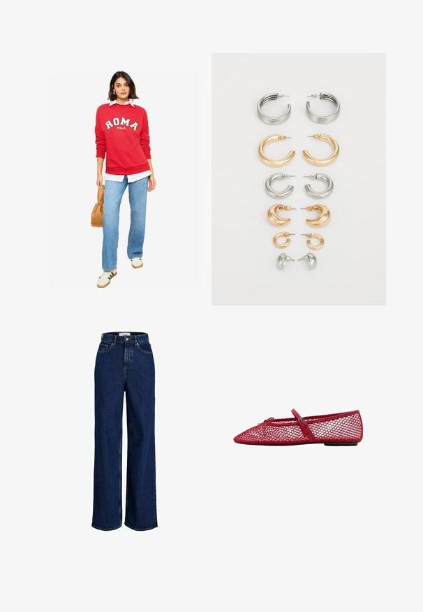 Czerwony sweter z napisem "ROMA", biała koszula pod spodem, niebieskie dżinsy i beżowa torebka. Sportowe sneakersy z zielonymi paskami. Miękka faktura.; Jeansy z wysokim stanem, ciemnoniebieskie, z szerokimi nogawkami, z przodu zapinane na guziki, z pięcioma kieszeniami.; Czerwone siateczkowe baletki z ostro zakończonym noskiem, z cienkim paskiem i zapięciem. Wierzch ma otwarty, plasterkowy wzór.; Zestaw ośmiu metalowych kolczyków w srebrnych i złotych odcieniach. Zawiera różne style kółek, tekstury i wykończenia, uporządkowane według rozmiaru.