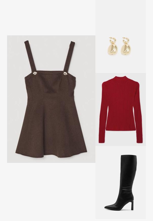 GAP GAP X CULT GAIA SHEER MCKNCK TOP - Pullover - sled; Robe sans manches marron avec bretelles réglables, présentant des accents en métal doré et une coupe évasée en A. Texture en mélange de laine.; Even&Odd Bottes - black; Boucles d'oreilles en or avec des pendentifs lisses et ronds au fini réfléchissant, suspendues à une attache en créole texturée.