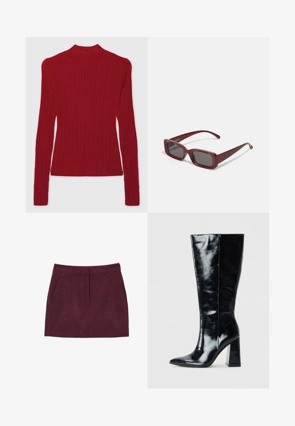 GAP GAP X CULT GAIA SHEER MCKNCK TOP - Maglione - sled; Gonna mini in velluto a coste bordeaux con una texture liscia, dotata di due tasche frontali e una linea dritta. Vita bassa con pieghe sottili.; Stivali neri al ginocchio in pelle lucida, con punta appuntita e un tacco geometrico robusto dalla superficie liscia.; Occhiali da sole rettangolari bordeaux con lenti scure, montatura spessa e tempie affusolate. Realizzati in plastica lucida con una texture liscia.