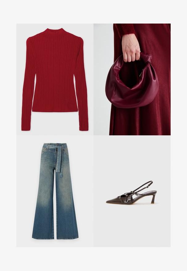 GAP GAP X CULT GAIA SHEER MCKNCK TOP - Trui - sled; Wijduitlopende denim broek met een lichte naar donkere blauwe gradient, hoge taille, riemlussen en een bijpassende stoffen riem. Gestructureerde denimafwerking.; Bruine gepatineerde leren slingback hak met een spitze neus, verstelbare straps en decoratieve gespen aan de voorkant. 3-inch hakhoogte.; Bordeaux leren handtas met een zacht, gegathered ontwerp en een ronde vorm. De handgreep is stevig bevestigd en toont een gladde textuur.