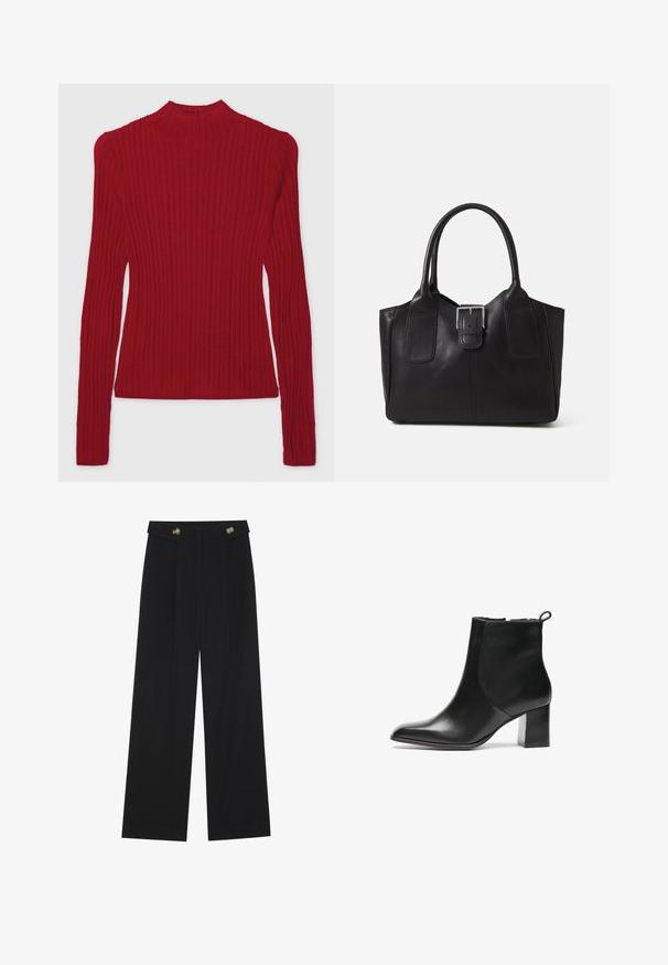 GAP GAP X CULT GAIA SHEER MCKNCK TOP - Strickpullover - sled; Schwarze weite Hosen mit hoher Taille, Knopfdetails am Bund und vorderen Falten.; Schwarze Leder-Ankle-Boots mit runder Spitze, moderatem Blockabsatz und einer Schlaufe an der Rückseite. Glatte Textur, minimales Design.; Schwarze Leder-Tote mit glatter Textur, strukturiertem Design, zwei Griffen und einem auffälligen silbernen Schnallen-Detail auf der Vorderseite.