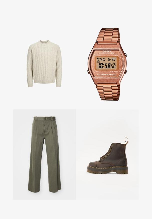 Bež pulover z rebrastim vzorcem, okroglo izrezano ovratnikom, dolgimi rokavi in teksturiranim materialom. Ima ravno rob in elastične manšete.; Srajca z gumbi v temno teal barvi, dolgi rokavi, ovratnik z gumbi, ena prsna žepe, s belimi gumbi in teksturirano tkanino.; Olivno zeleni hlače z ohlapnim, širokim krojem in sprednjimi naborki. Narejene iz strukturirane tkanine s standardnim pasom in brez vidne strojne opreme.; Rjavi usnjeni gležnjarji z okroglim prstom, kontrastnim rumenim šivom, dekorativnimi kovinskimi očesci in zarezanem gumijastem podplatu.; Digitalna Casio ura z rožnato zlato kovinsko zanko, pravokotno ohišje, osvetljen prikaz, vodoodpornost, ki prikazuje čas in datum.