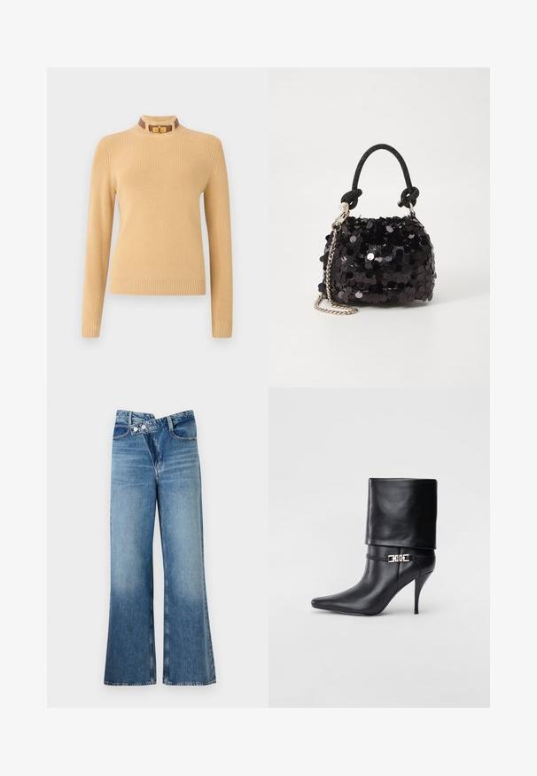 Könnyű bézs színű kötött pulóver hosszú ujjakkal és bordázott textúrával. Magas nyakkal rendelkezik, barna akcentussal és arany csattal.; Világoskék, harang szabású farmernadrág magas derékkal, két gombbal és elülső zsebekkel. Az anyag megjelenése kopott, apró eltérésekkel.; Fekete bőr bokacsizma hegyes orral, magas stiletto sarokkal, hajtott szegéllyel és arany díszcsattal a bokán.; Fekete flitteres mini kézitáska csomózott textúrájú pánttal és ezüst lánccal. Lekerekített forma, ráncolt tetejével és fényvisszaverő részletekkel.