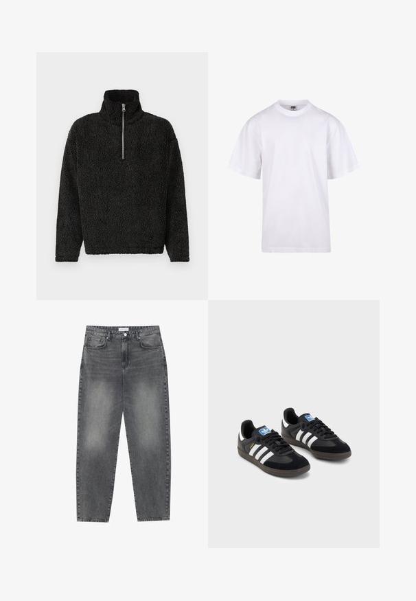 Crni flis pulover s visokim ovratnikom i prednjim zatvaračem na četvrtinu. Ima mekan, teksturiran materijal i duge rukave.; Bijela pamučna majica s okruglim izrezom, kratkim rukavima i opuštenim krojem. Ima jednostavan dizajn bez uzoraka ili akcenta.; Traperice visokog struka, širokog kroja u izblijedjelom crnom denimu. Imaju pet džepova, petlje za remen, i čist, ravni kroj nogu.; Crne tenisice s gornjim dijelom od antilopa i sintetičkog materijala, s tri bijele pruge, teksturiranom gumenom potplatom i plavom oznakom na jeziku.