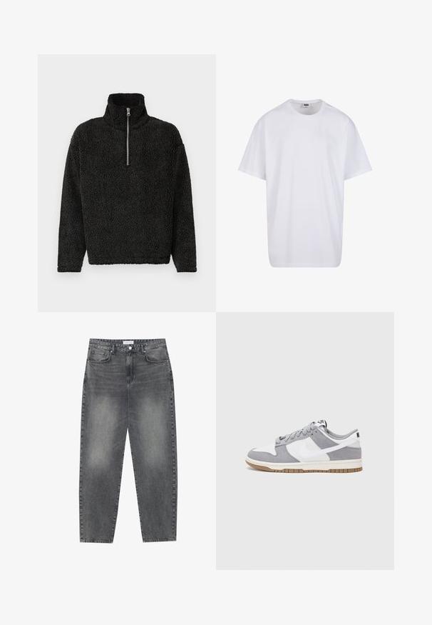 Musta fleece-poolo korkealla kauluksella ja neljännesvetoketjulla edessä. Ominaisuuksiin kuuluu pehmeä, teksturoidu kangas ja pitkät hihat.; Valkoinen puuvillainen t-paita, jossa on lyhyet hihat, pyöreä kaula-aukko, rento istuvuus ja ei näkyviä logoja tai kuvioita. Sileä pinta ja minimaalinen muotoilu.; Korkeavyötäröiset, väljät farkut haalistuneesta mustasta denimestä. Ominaisuuksiin kuuluu viisi taskua, vyölenkit ja siisti, suora lahjetyyli.; Harmaa ja valkoinen lenkkari, jossa on mokka- ja nahkapinta, pyöreä kärki, litteät nauhat ja kumipohja, jossa on vaahtomuoviväri.