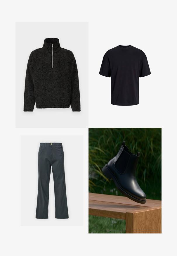 Black fleece pullover with a high collar and a quarter-zip front. Features a soft, textured fabric and long sleeves.; Black cotton t-shirt with a crew neckline, short sleeves, and a relaxed fit. Smooth texture and no visible patterns or accents.; Black pants with a straight leg cut, made from cotton blend fabric. Features a metal button closure and side pockets. No visible patterns.; Black leather ankle boot with elastic side panels floating above a wooden bench, green foliage background.