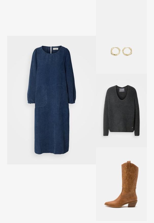 Donkergrijze pullovertrui met een V-hals, gemaakt van zachte, geweven stof. Heeft lange mouwen en een klein logootje accent aan de zoom.; Navy blauwe ribfluweel jurk met lange poffende mouwen, ronde halslijn, twee voorkeurszakken en een openning met sleutelgat aan de achterkant. Zacht, gestructureerd materiaal.; Tan leren cowboylaars met puntige neus, geborduurde spiraalpatronen op de schacht en een gestapelde blokhak. Voorzien van een trekband voor gemakkelijke aan- en uittrekken.; Zwarte leren hobo-tas met een enkele, zachte, afgeronde handgreep; heeft een gladde textuur en een minimalistisch ontwerp. Geen zichtbare hardware of accenten.; Gouden creolen met een textuur en onregelmatige vorm. Voorzien van een naadloze sluiting en een gepolijste afwerking, wat het moderne ontwerp benadrukt.