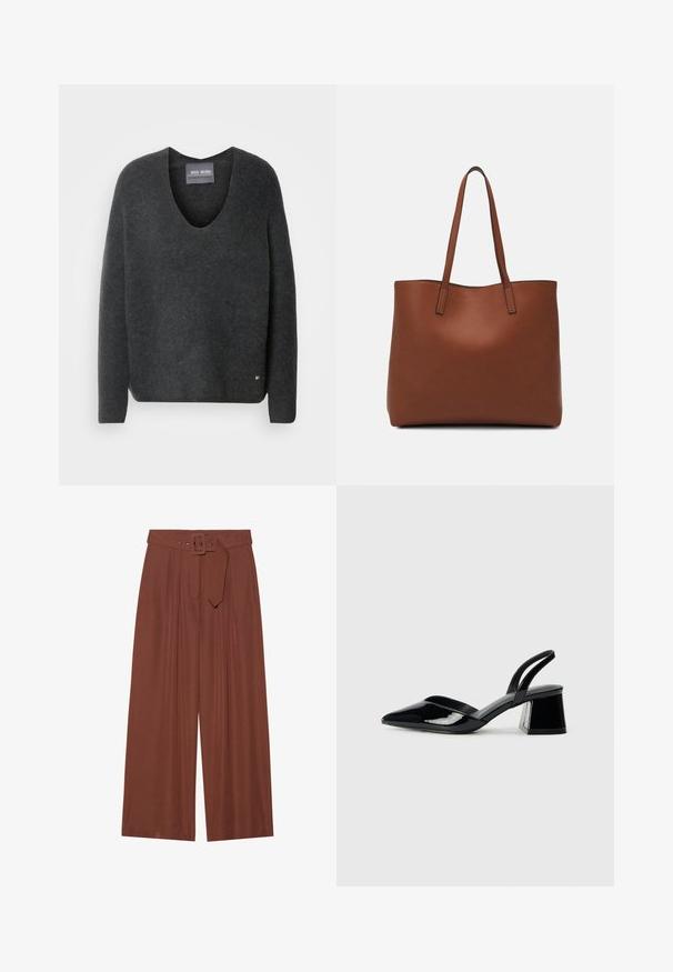 Tamnosivi pulover s V-izrezom, izrađen od meke, teksturirane tkanine. Ima duge rukave i mali logo na rubu.; Hlače širokih nogavica od smeđeg materijala, s remenom sa kvadratnom kopčom, nabranim dizajnom i glatkom teksturom.; Crne lakirane kožne sandale s otvorenom petom i špicastim vrhom, s geometrijskom blok petom. Imaju elegantan, minimalistički dizajn i glatku teksturu.; Smeđa kožna torba preko ramena s glatkom teksturom, otvorenim vrhom i dvjema naramenicama. Ima minimalne šavove i nema vidljivog hardvera.