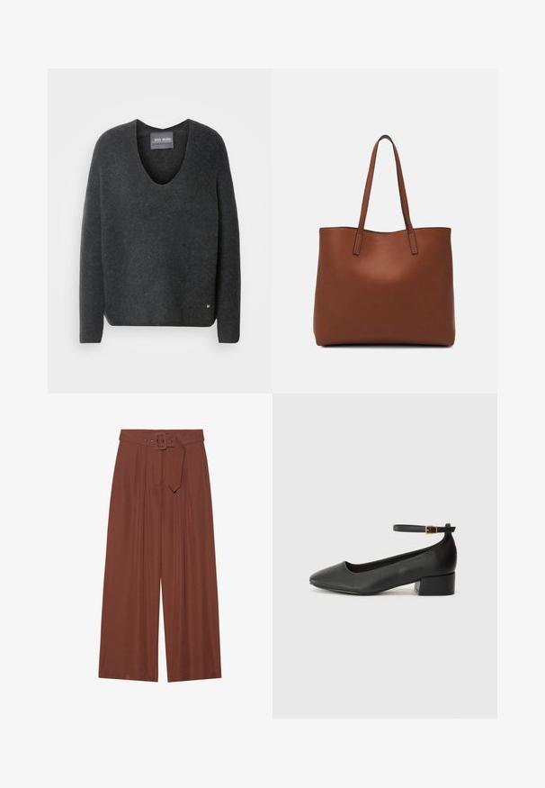 Dunkelgrauer Pullover mit V-Ausschnitt, aus weichem, strukturiertem Stoff gefertigt. Hat lange Ärmel und ein kleines Logo-Detail am Saum.; Braune Weitbeinehosen aus Stoff, mit einem Gürtel mit eckiger Schnalle, gefältetem Design und glatter Textur.; Schwarze Lederpumps mit spitzem Zehenbereich und niedrigem Blockabsatz. Mit einem Knöchelriemen und einer goldfarbenen Schnalle. Glatte Textur.; Braune Leder-Tote mit glatter Textur, offenem Oberteil und zwei Schulterriemen. Verfügt über minimale Nähte und keine sichtbaren Beschläge.