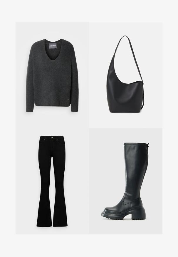 Dunkelgrauer Pullover mit V-Ausschnitt, aus weichem, strukturiertem Stoff gefertigt. Hat lange Ärmel und ein kleines Logo-Detail am Saum.; Schwarze hochtaillierte Jeans mit einem Knopf- und Reißverschluss, Fronttaschen und ausgestellten Beinen, flach auf einem weißen Hintergrund ausgelegt.; Hoher schwarzer Lederstiefel mit einer robusten Plateausohle und Blockabsatz, der über eine Zuglasche und ein strukturiertes Profil an der Außensohle verfügt.; Schwarze Leder-Hobo-Tasche mit einer glatten Textur, geschwungener Form und einem einzelnen verstellbaren Tragegurt; verfügt über eine weite Öffnung am oberen Ende.