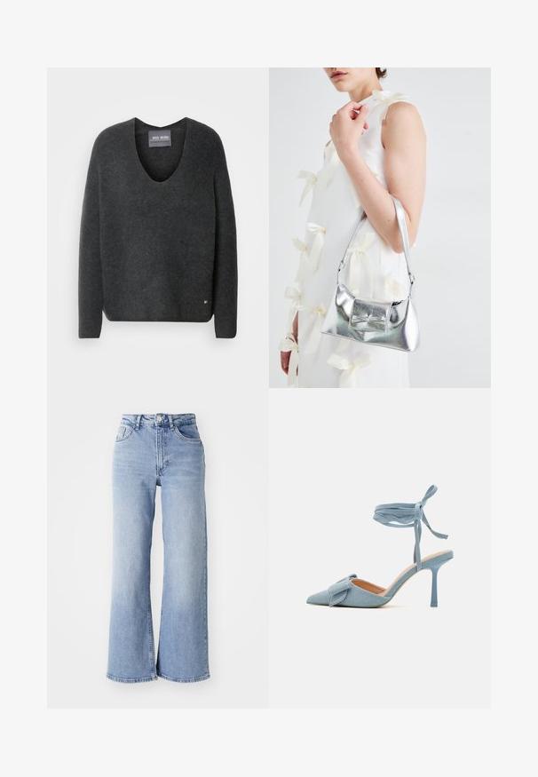 Donkergrijze pullovertrui met een V-hals, gemaakt van zachte, geweven stof. Heeft lange mouwen en een klein logootje accent aan de zoom.; Lichtblauwe hoge taille wijde pijpen jeans met voor- en achterzakken, knoopsluiting en subtiele vervagingen op de dijen en zomen.; Puntige stilettohakken in lichtblauw stof met een gestructureerde afwerking, voorzien van een strikaccent en enkelband voor een veilige pasvorm.; Zilveren metallic handtas met een gestructureerde vorm, voorzien van een bovenhandvat en een strikdetail aan de voorkant. Gladde textuur, reflecterende afwerking.