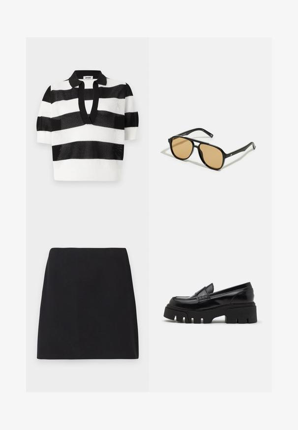Proužkovaná pletená polokošile v černobílé barvě s krátkými rukávy, s materiálem s jemnou sítovinou a kontrastním černým límcem.; Černé triko s dlouhým rukávem vyrobené z ribované látky. Má kulatý výstřih a přiléhavý střih bez viditelných vzorů nebo akcentů.; Černá mini sukně, rovný střih, hladká textilie, bez viditelných vzorů nebo ozdob, čisté okraje, bez kovových prvků. Jednoduchý design.; Černé kožené mokasíny s robustní texturovanou platformou a dekorativním páskem přes nárt. Hladký, lesklý povrch.; Černé sluneční brýle s hnědými tónovanými čočkami; obdélníkový tvar s tlustým rámem, včetně jemných kovových akcentů na stranách.; Hnědá pletená kabelka s texturovaným povrchem, zlatými kovovými prvky a dekorativními cvočky podél okrajů. Obsahuje řetízkový popruh.