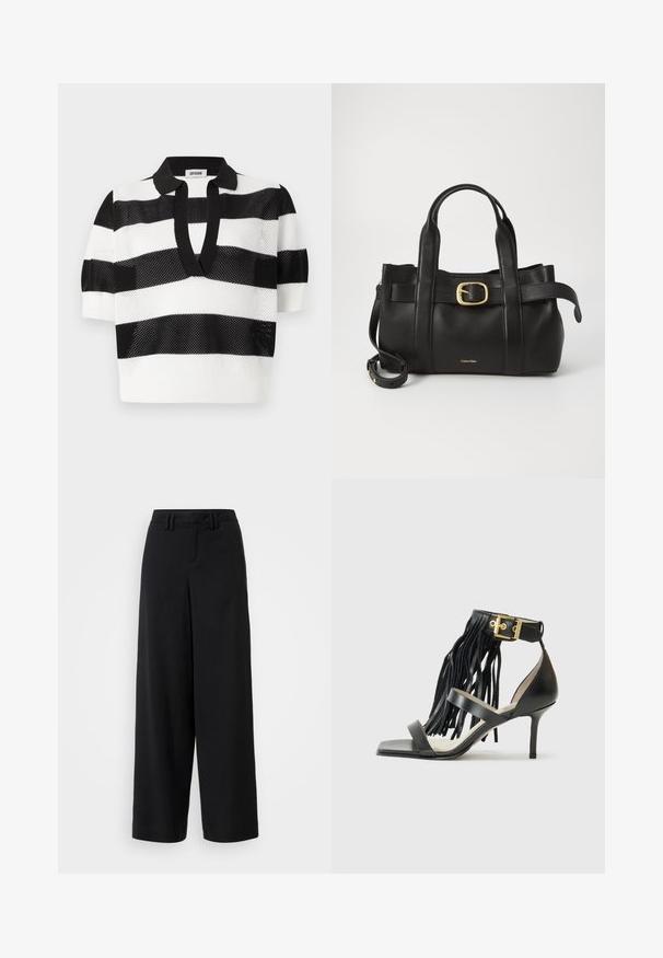 Randig svart och vit stickad polo t-shirt med korta ärmar, med ett mesh-mönster och en kontrasterande svart krage.; Svarta vida byxor i ett slätt tyg, med en platt framsida, veckade detaljer och bältesöglor i midjan.; Svarta högklackade sandaler med fransdetaljer, ankelrem med gulddetaljer, platt fyrkantig tå och två korsande remmar över framsidan.; Svart läderhandväska med en strukturerad design, dubbla topphandtag, detaljer i guldton med spänne och präglad logotyp framtill.