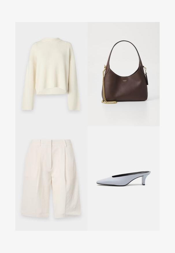 Maglione color crema con scollatura rotonda a coste, spalle scese, maniche lunghe e orlo corto. Texture in maglia morbida, design semplice.; Pantaloni corti bianchi in lino con un design sartoriale, davanti plissettato e aperture ampie sulla gamba. Tessuto morbido e lunghezza a metà coscia.; Mule in pelle lucida blu chiaro con punta affusolata, tacco trasparente basso e design elegante caratterizzato da un'apertura sulla parte superiore.; COACH BROOKLYN SHOULDER BAG 23 - Borsa a mano - maple