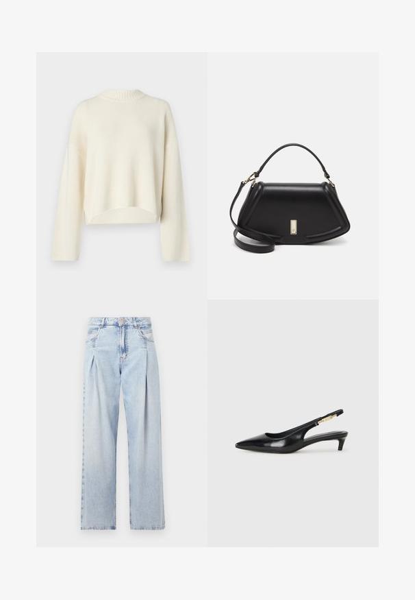 Cream-colored sweater with a ribbed round neckline, drop shoulders, long sleeves, and a cropped hem. Soft knit texture, simple design.; Light blue denim jeans with a high waist, wide-leg cut, two side pockets, and pleated design feature. Soft texture with a faded finish.; Black leather slingback heels with a pointed toe, featuring a slim heel and a gold-tone accent on the adjustable strap. Smooth texture.; Black leather handbag with a structured design, featuring a cropped shape, top handle, and gold hardware accent. Adjustable shoulder strap included.