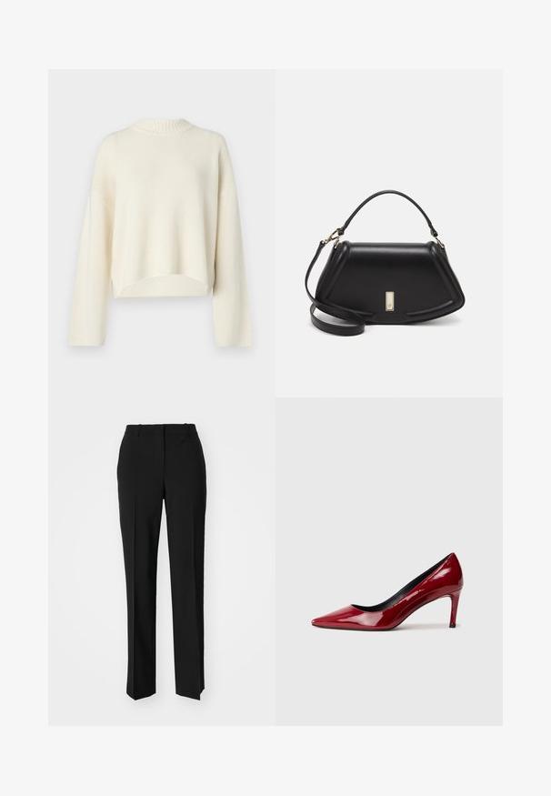Cream-colored sweater with a ribbed round neckline, drop shoulders, long sleeves, and a cropped hem. Soft knit texture, simple design.; Black tailored trousers with a straight-leg design, featuring a smooth texture and crisp creases along the front. No visible hardware.; Red patent leather high-heeled shoe with a pointed toe and a slim heel. Smooth texture with a glossy finish and black interior lining.; Black leather handbag with a structured design, featuring a cropped shape, top handle, and gold hardware accent. Adjustable shoulder strap included.