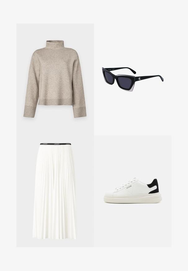 Suéter bege de gola alta feito de um tecido de malha macio. Apresenta um design cropped, mangas longas e punhos e bainha canelados.; Saia plissada branca com uma cintura elástica preta que apresenta o logótipo "LACOSTE". Design de comprimento médio com textura suave.; Sapatilhas brancas de couro com uma sola branca espessa, detalhe em camurça preta no calcanhar e logótipo em relevo na lateral. Design com atacadores e seis ilhós.; Óculos de sol oversized pretos com forma geométrica, apresentando lentes escuras e um detalhe cinza em contraste na armação. Logotipo na haste.
