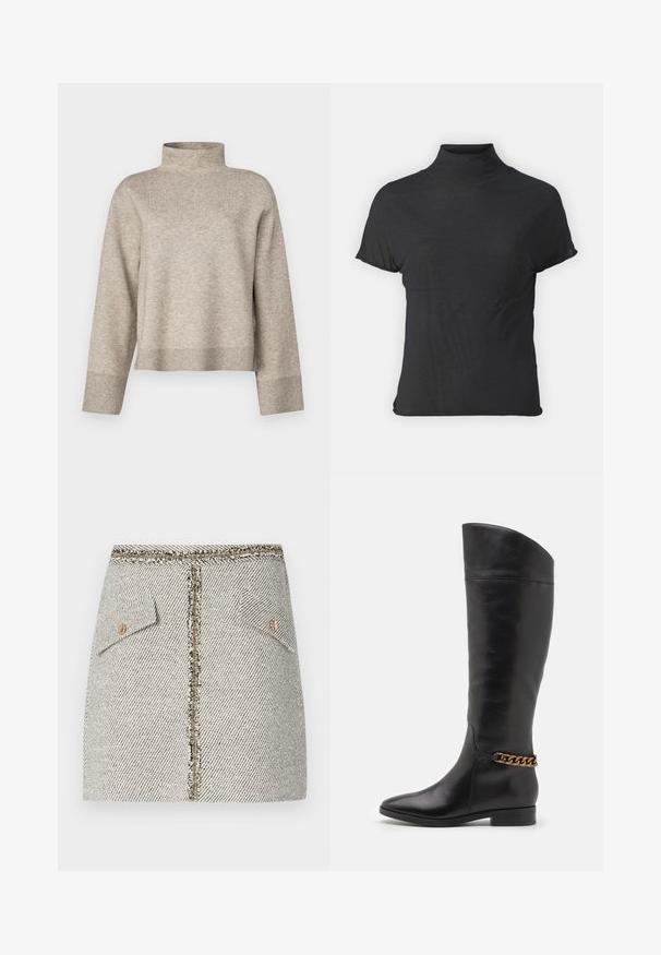 Beige turtleneck sweater made of a soft, knitted fabric. Features a cropped design, long sleeves, and ribbed cuffs and hem.; Black short-sleeve turtleneck top made of lightweight fabric with a smooth texture and a fitted shape, featuring a high neckline.; Woven tweed skirt in white and black herringbone pattern, features two front pockets and a gold-tone zipper at the back with frayed edges.; Tall black leather boots with a sleek design, pointed toe, and a gold chain accent at the ankle. Low block heel. Smooth texture.