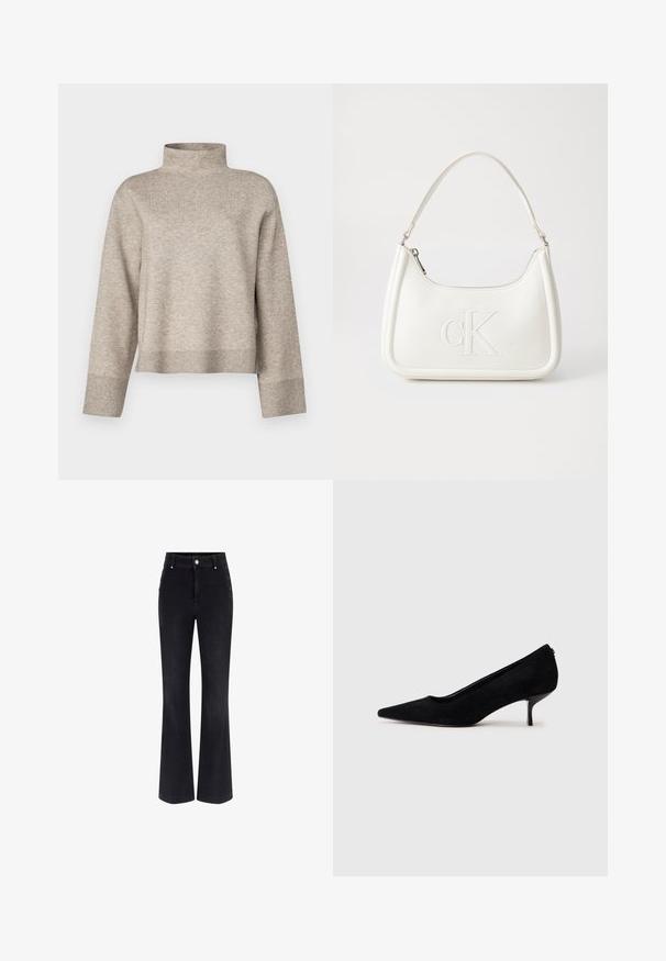 Beige Rollkragenpullover aus einem weichen, gestrickten Stoff. Hat ein verkürztes Design, lange Ärmel und gerippte Bündchen sowie einen gerippten Saum.; Schwarze Jeans aus Denim im Schlagstil mit hoher Taille, fünf Taschen-Design und metallischen Knopfakzenten an den Seiten. Glatte Textur und klassischer Schnitt.; Schwarzer Wildleder-High-Heel-Schuh mit spitzem Zeh und slim, niedrigem Absatz. Glatte Textur mit elegantem Design, ohne sichtbare Beschläge.; Weiße Lederhandtasche mit abgerundeter Form, ausgestattet mit einem geprägten "CK"-Logo auf der Vorderseite und einem Einzel-Schultergurt. Reißverschluss oben.