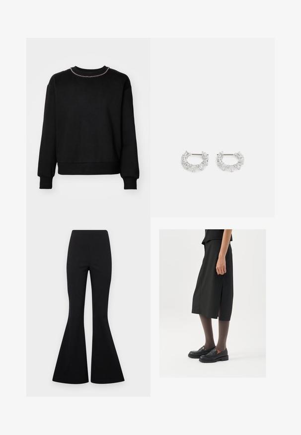 Melna sporta jaka ar apaļu kakla izgriezumu, garām piedurknēm, ribotām aprocēm un apakšmalu. Astoņas nelielas dekoratīvās pērlītes ir piekārtotas gar kakla izgriezumu.; Melni platāki bikses, izgatavotas no elastīgas auduma ar gludu tekstūru, ar augstu jostu un plašiem, zvana dibena stila kājām.; Melna ceļa garuma svārki ar sānu šķēlumu, kombinēti ar melniem mokasīniem un caurspīdīgām brūnām zeķbiksēm, izceļoties ar gludu audumu un vienkāršu dizainu.; Sudraba auskari ar apaļām gredzeniem, kuriem ir caurspīdīgi, taisnstūra un trīsstūra formas kristāli, sakārtoti rakstainā dizainā. Ar stiprinājuma tapas drošai fiksēšanai.