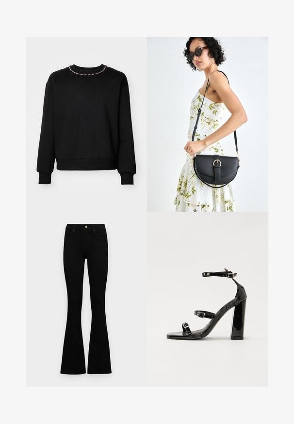 Fekete pulóver kerek nyakkivágással, hosszú ujjakkal, bordázott mandzsettával és szegéllyel. A nyakkivágás mentén egy sor apró díszgyöngy található.; Fekete, magas derekú farmernadrág gomb- és cipzárzárral, elülső zsebekkel és harangszárral, laposan egy fehér háttérre terítve.; Fekete lakk magas sarkú szandál négyzet alakú orral, bokapántokkal és ezüst csatokat tartalmaz. Masszív blokk sarka a stabilitásért felel.; Fekete bőrtáska ívelt formával, levehető pánttal és arany színű fémrészekkel. A táskán egy csattal díszített fedél található.