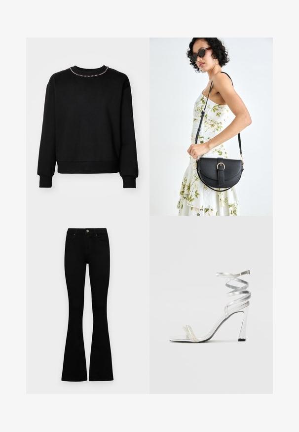 Fekete pulóver kerek nyakkivágással, hosszú ujjakkal, bordázott mandzsettával és szegéllyel. A nyakkivágás mentén egy sor apró díszgyöngy található.; Fekete, magas derekú farmernadrág gomb- és cipzárzárral, elülső zsebekkel és harangszárral, laposan egy fehér háttérre terítve.; Ezüst színű, magas sarkú szandál, csillogó pánt dizájnnal, gyöngyszerű díszítéssel és spirális bokapánttal a biztos illeszkedés érdekében.; Fekete bőrtáska ívelt formával, levehető pánttal és arany színű fémrészekkel. A táskán egy csattal díszített fedél található.