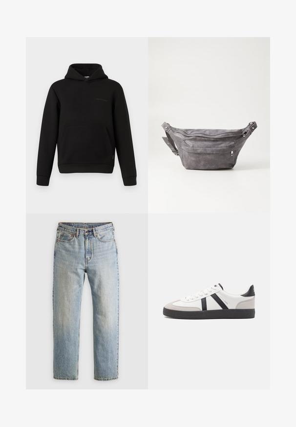 Sudadera negra con bolsillo canguro frontal, mangas largas y un pequeño detalle de costura horizontal en el lado izquierdo del pecho sobre un fondo blanco.; Jeans de mezclilla azul claro de cintura alta, con botón frontal, cremallera y diseño de cinco bolsillos, dispuestos sobre un fondo neutro.; Zapatilla blanca con acentos en negro y gris, que presenta una puntera texturizada en gris, suela de goma negra y cordones planos blancos. Diseño limpio, estilo minimalista.; Riñonera de ante gris con forma redondeada, dos compartimentos con cremallera y correa ajustable. Presenta acentos de metal.