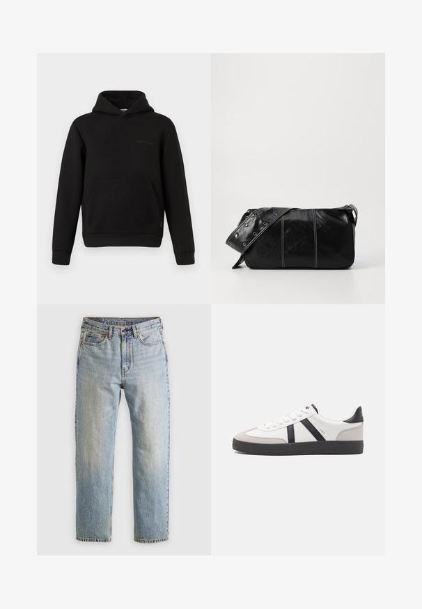 Čierna mikina s kapucňou, s predným kangaroo vreckom, dlhými rukávmi a malým horizontálnym švom na ľavej hrudi na bielom pozadí.; Svetlomodré džínsy s vysokým pásom, predným gombíkom, zipsom a dizajnom s piatimi vreckami, rozložené na neutrálnom pozadí.; Biele tenisky s čiernymi a šedými akcentmi, s textúrovanou šedou špičkou, čiernou gumovou podrážkou a plochými bielymi šnúrkami. Čistý dizajn, minimalistický štýl.; Čierna kožená kabelka cez plece so zipsovým uzáverom, so štruktúrovaným telom, bielym prešívaním a popruhom so striebornými očkami.