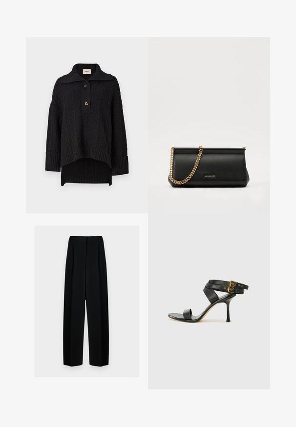 Fekete kötött pulóver strukturált mintával, magas gallérral és gombos záródással. Bordázott mandzsetták és alsó szegély, háromszög alakú arany kiegészítéssel.; Fekete, széles szárú nadrág magas derékkal, redők és sima textúra jellemzi. Az anyag könnyűnek tűnik és elegánsan hullámzik.; Fekete magassarkú szandál keresztpántos dizájnnal és állítható csattal. Simább felülettel és hegyes tűsarkúval rendelkezik.; Fekete bőr kisméretű táska arany lánccal, sima felülettel, téglalap alakú, és dombornyomott márkázással az elején.