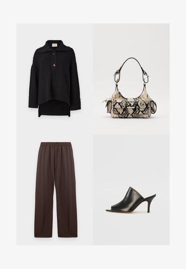 Mustmustatud kootud kampsun, millel on tekstureeritud muster, kõrge krae ja nööpide sulgemine. Ribatud varrukaservad ja alläär, kuid sellel on kolmnurkne kuldne aktsent.; Pruun laia jala püksid elastse vöökohtadega ja delikaatsete eesplekkidega, esitatud lamedalt valge tausta vastu.; Must musta avatud varbaga king, millel on sujuv ja kumer disain, kõrge stilettokõrgus ja sile tekstuur. Siseosa on kontrastse heleda värviga.; Pruuni ja musta värvi nahkjeskott, millel on struktureeritud kuju, pandla detail ja kaks õlarihma. Tekstureeritud pind.