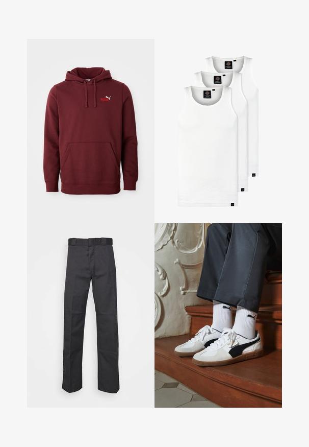 Bordó Puma kapucnis pulóver, elülső kenguru zsebbel, állítható húzózsinórral a kapucniban és kisméretű Puma logóval a bal mellen.; Három fehér csíkos pamut trikó. Felső része kerek nyakkivágású, és a szegély közelében kis fekete címkék találhatók. Több méretben elérhető.; Fekete nadrág tartós anyagból, egyenes szárú kivitelben, övhurkokkal ellátott derékkal és további textúrát adó varratokkal.; Fehér és fekete velúr Puma sportcipők, barna gumitalppal. Fehér zoknival párosítva, amely fekete logót visel, sötét nadrággal kombinálva.