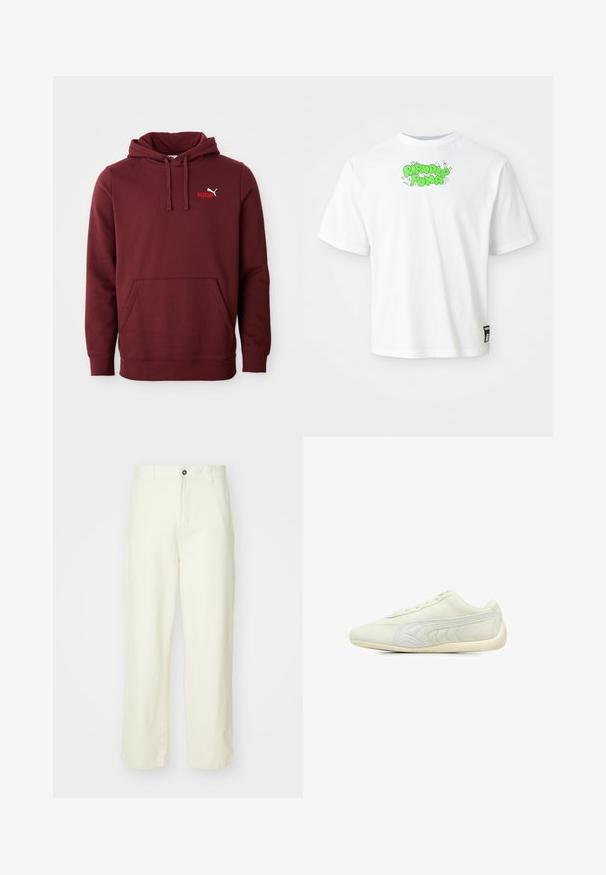 Maroon Puma hoodie with front kangaroo pocket, adjustable drawstring hood, and small Puma logo on left chest.; White short-sleeve shirt with green "Ripndip Pima" text and small cartoon cat illustrations near the neckline and a Puma tag near the hem.; Light yellow cotton trousers with a straight-leg cut, featuring a front button closure, belt loops, and a clean, minimalist design.; Light gray athletic shoe made of suede, featuring a smooth surface, round toe, minimalistic design, lace-up front, and textured side accents.