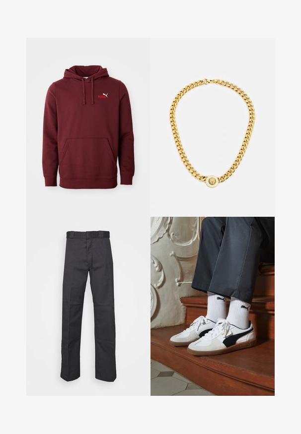 Hoodie Puma bordeaux avec poche kangourou à l'avant, capuche réglable avec cordon de serrage et petit logo Puma sur la poitrine gauche.; Pantalons noirs en tissu durable, dotés d'une coupe droite, d'une taille avec passants de ceinture et de coutures pour une texture ajoutée.; Baskets Puma en daim blanc et noir, avec une semelle en caoutchouc marron. Associées à des chaussettes blanches arborant un logo noir, portées avec un pantalon sombre.; Collier en chaîne dorée avec de grands maillons entrelacés, présentant un détail de pendentif circulaire au centre avec un emblème en relief.