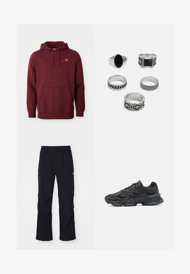 Bordeauxkleurige Puma-hoody met een voorzak in kangoeroestijl, verstelbare trekkoordcapuchon en een klein Puma-logo op de linkerborst.; Zwarte cargo broek van lichtgewicht materiaal, met een elastische tailleband, zijzakken en een recht gesneden ontwerp.; Zwarte hardloopschoen met een mix van mesh en synthetische materialen, een stevige zool, gebogen ontwerp en prominente branding op de zijkant.; Set van vijf ringen: een zilveren zegelring met zwarte steen, vier metalen banden met verschillende ontwerpen, waaronder gevlochten en gestreepte patronen.